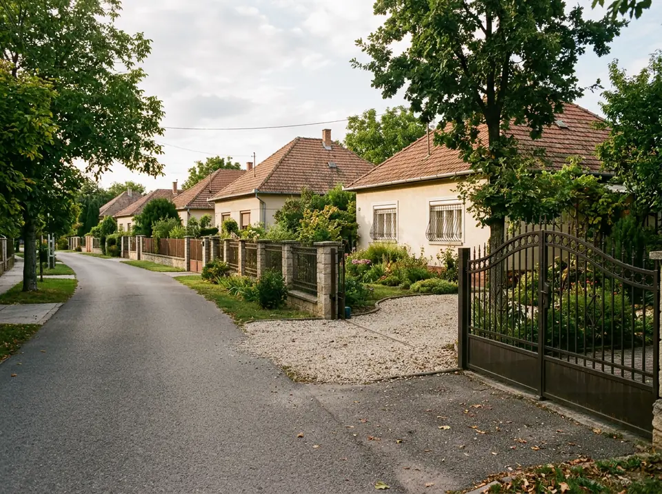 Földszintes családi házak kertes utcában, széles fémkapuval és kavicsos beállóval